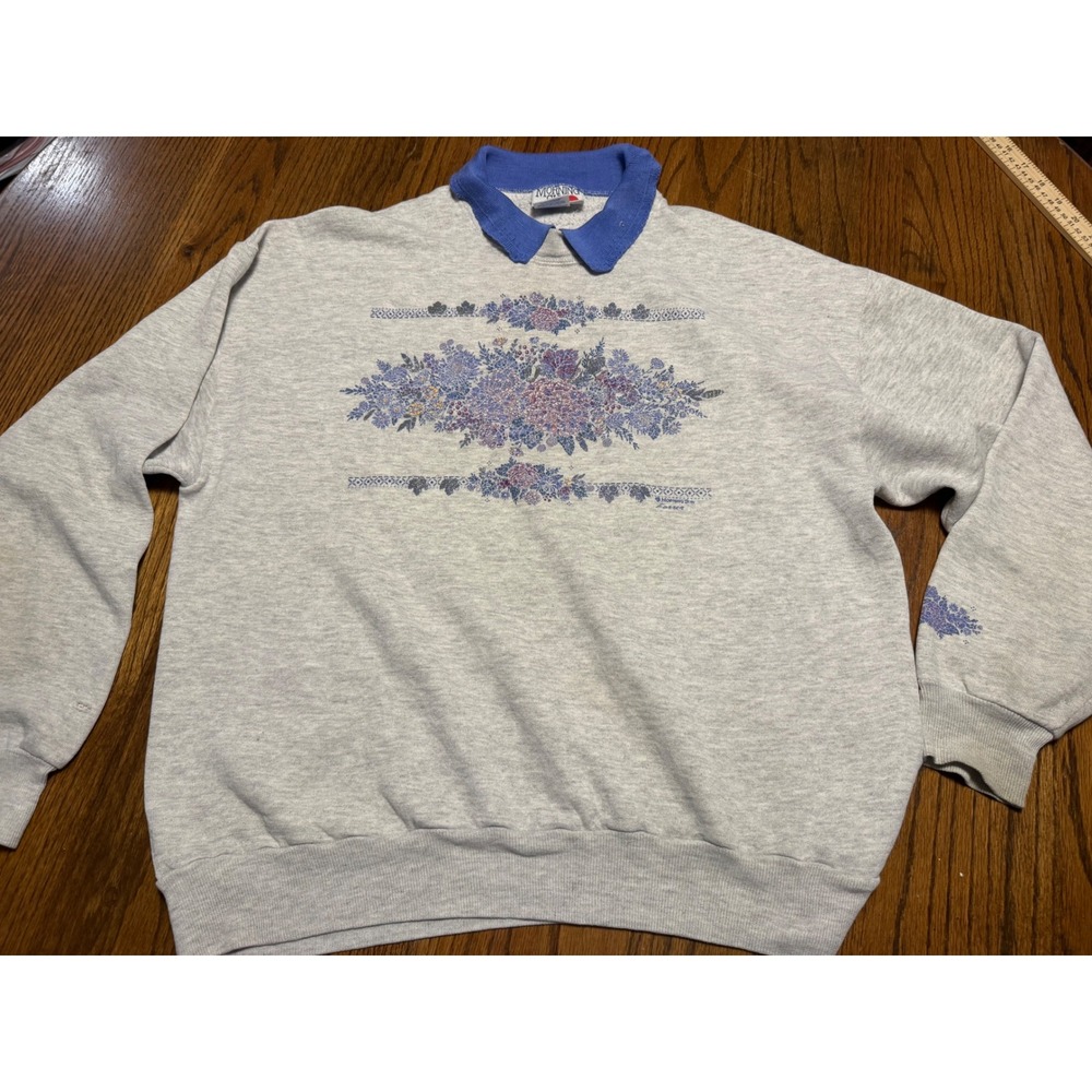 Vintage Morning Sun Jerzees Floral Collared Sweatshirt Gray XL Cottagecore